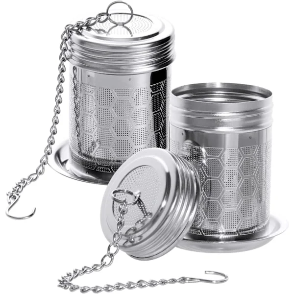 Te-infuser til løs te, te-si i rustfrit stål, te-blad-infuser, fintmasket te-filter med låg, kæde, krog og drypbakke