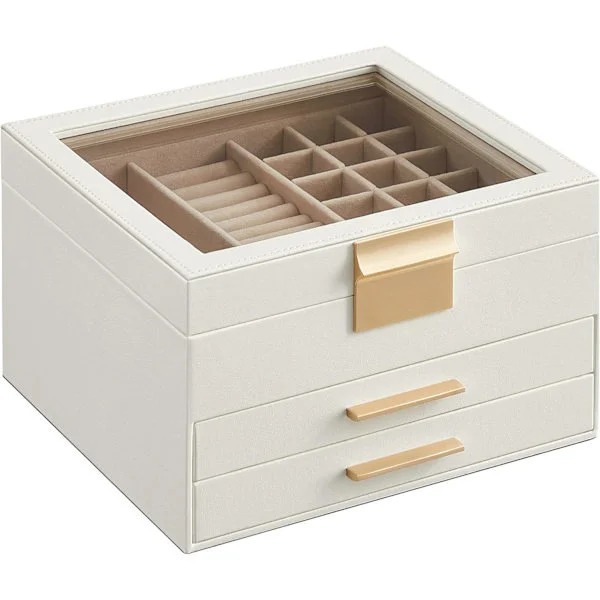 Jewelry Box with Glass Lid, 3-Layer Jewelry Organizer with 2 Drawers, Jewelry Storage, Ample Storage, Gift Idea