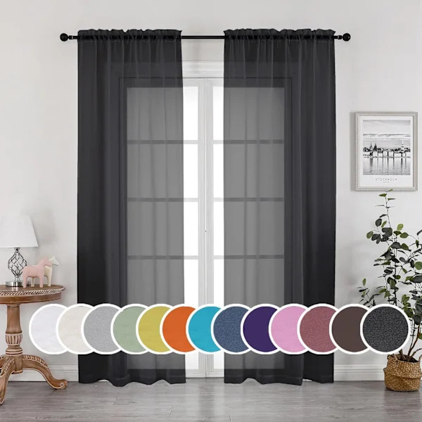 Mustat verhot 213 cm pitkät, 2-osainen setti, valkoiset verhot olohuoneeseen/makuuhuoneeseen, verhot tankotunnelilla, 2 kappaletta, kukin 134 cm L x 