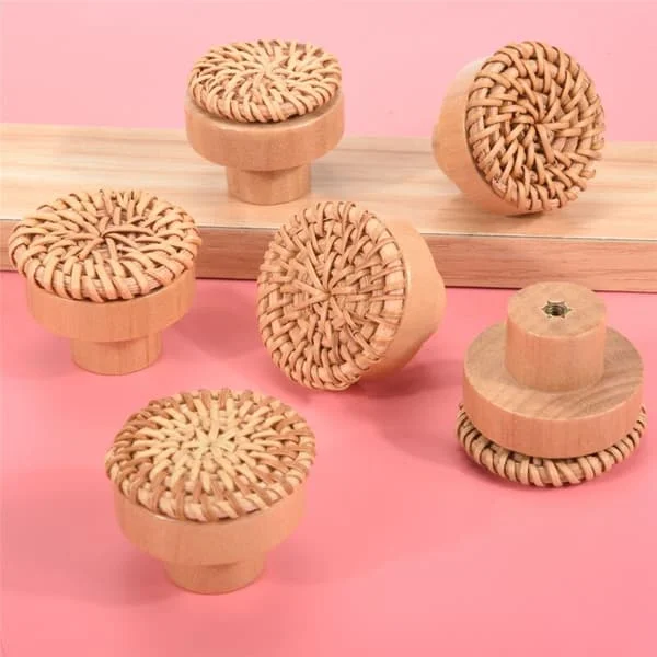 Boho Rattan Knobs for Dresser Hand-Woven Basket Round Wood Drawer Handles and Screws for Boho Furniture Knobs 12 Pieces