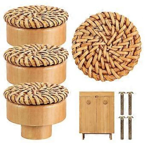 6 st Vävda Runda Trähandtag Sminkbord Knoppar Boho Byrå Knoppar med Skruvar Dekorativa Låd Knoppar Rotting Skåp Byrå Knoppar Möbel Knoppar Trä C