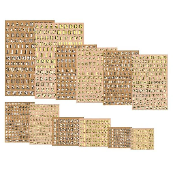 12 ark resin-klistermærker, små bogstavs- og tal-klistermærker, legering, selvklæbende, guld og sølv