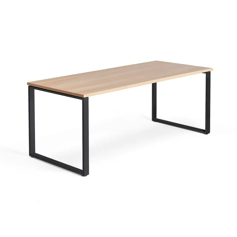 QBUS Skrivebord, 180x80 cm, O-stativ, Svart/Eik Laminat – Kontorpult - AJ Produkter