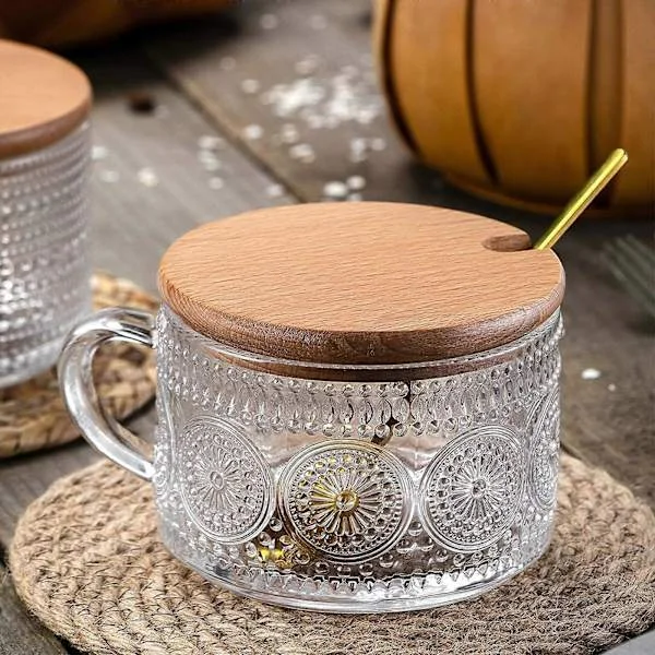 Vintage Glass Coffee Mugs, Overnight Oats Containers with Bamboo Lids and Spoons, 414 ml Light Green Embossed Drinking Glasses, Cute Coffee Bar 