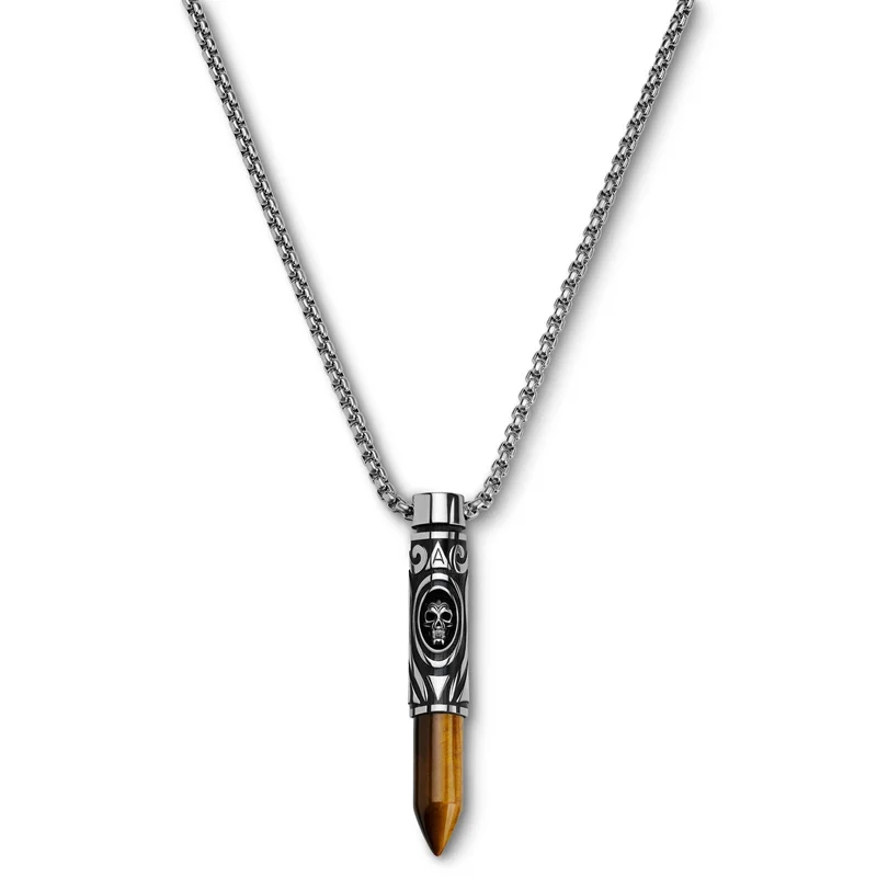 Rico | Silver-tone Stainless Steel & Yellow Tiger's Eye Bullet Necklace for Men - Steel necklaces