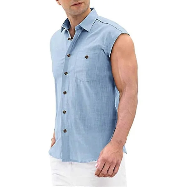 Herre Ensfarget Ermeløs Skjorte Vest Sommer Casual Knapper Trenings Lapel Strand T-skjorte Tanktopper