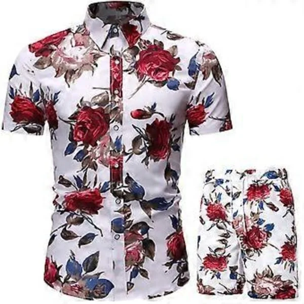 Herr Hawaiiskjorta och Shorts Set 2 Delar Knäppning Blommig Stranddräkt Tropiska Kläder (XL Vit)
