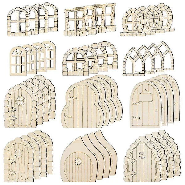 48 st Fairy Door Trädgårdsdörrar Hantverk Mini Fönster Fairy House Kit Oavslutade Miniatyr Dörr Omålade Fairy Fönster
