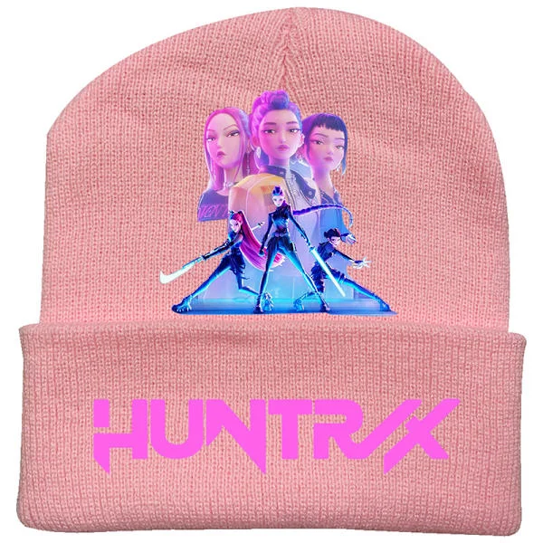 KPOP DEMON HUNTER omgivande stickad mössa krullad ullmössa tryckt beanie utomhus kall mössa vuxen Rosa-9