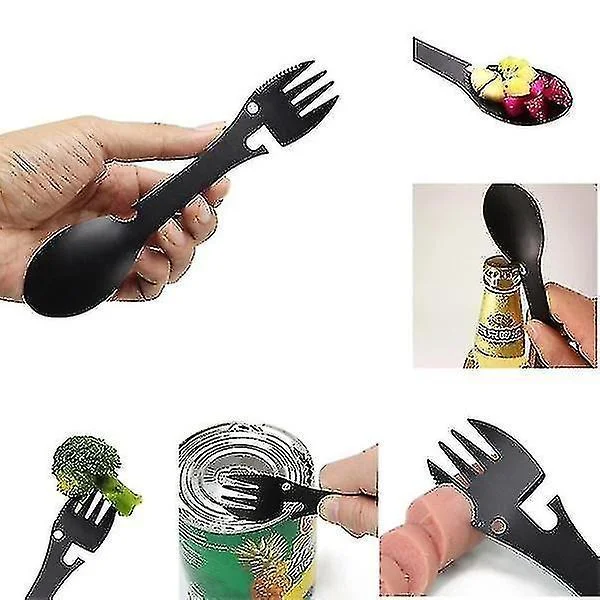 5 i 1 Multikjøkkenutstyr Rustfritt Stål Gaffel Spork Piknik Multiverktøy Bestikk Utstyr Boksåpner Bærbar Servise Flaskeskje