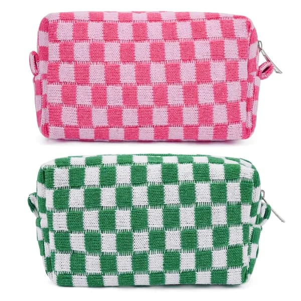 2-pack Makeup Bags, Plaid Cosmetic Bag, Pink Green, Travel Toiletry Bag, Cute Makeup Brush Storage Bag for Women