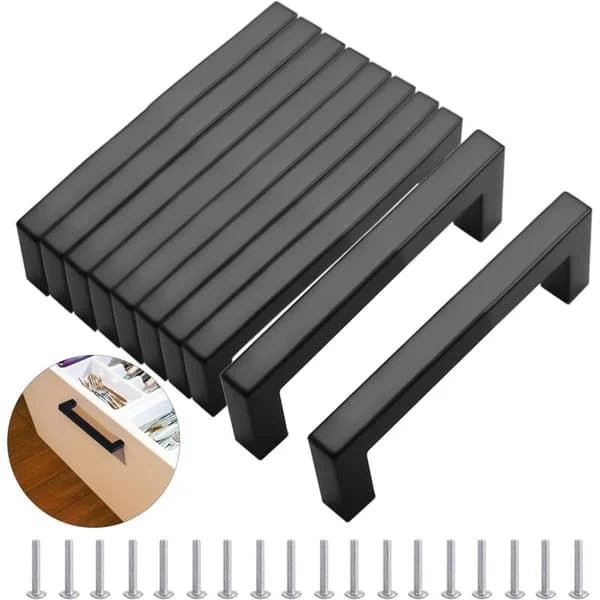 10 Pcs Black Kitchen Cabinet Handles 160mm, Modern Square Stainless Steel Furniture Handles with Screws, for Office, Drawers, Cabinets