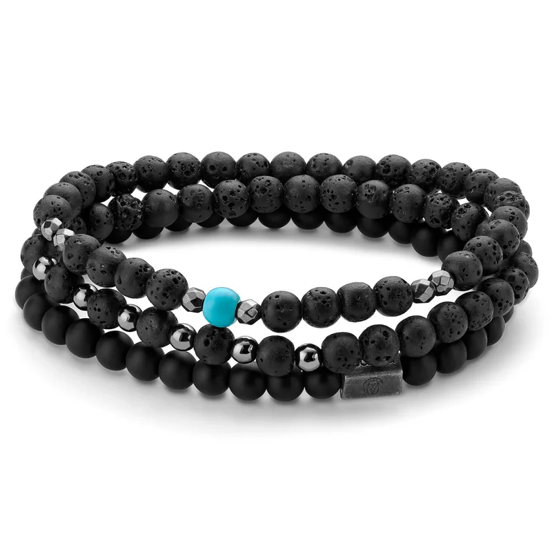 Armbandenset met Zwarte Onyx, Lavasteen, Turkoois en Hematiet voor mannen - Kralenarmbanden