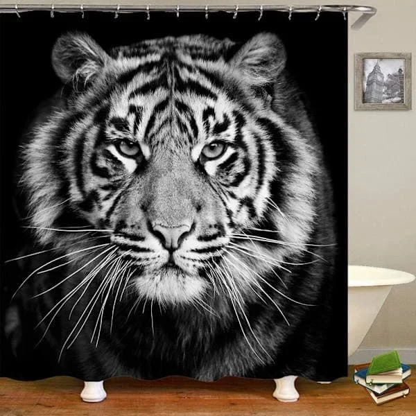 Tiger Shower Curtain, Forest Hunt Black and White Animal, 72 x 72in Polyester Fabric Bathroom Decor