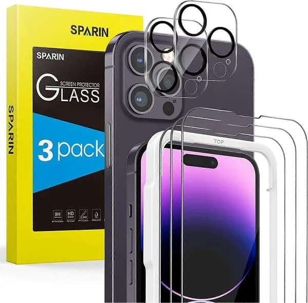 3+2 herdet glass, for iPhone 14 Pro 6,1 tommer, 3 skjermbeskyttere og 2 kameraskjermbeskyttere, glassbeskytter med enkelt justeringsverktøy, 9H 