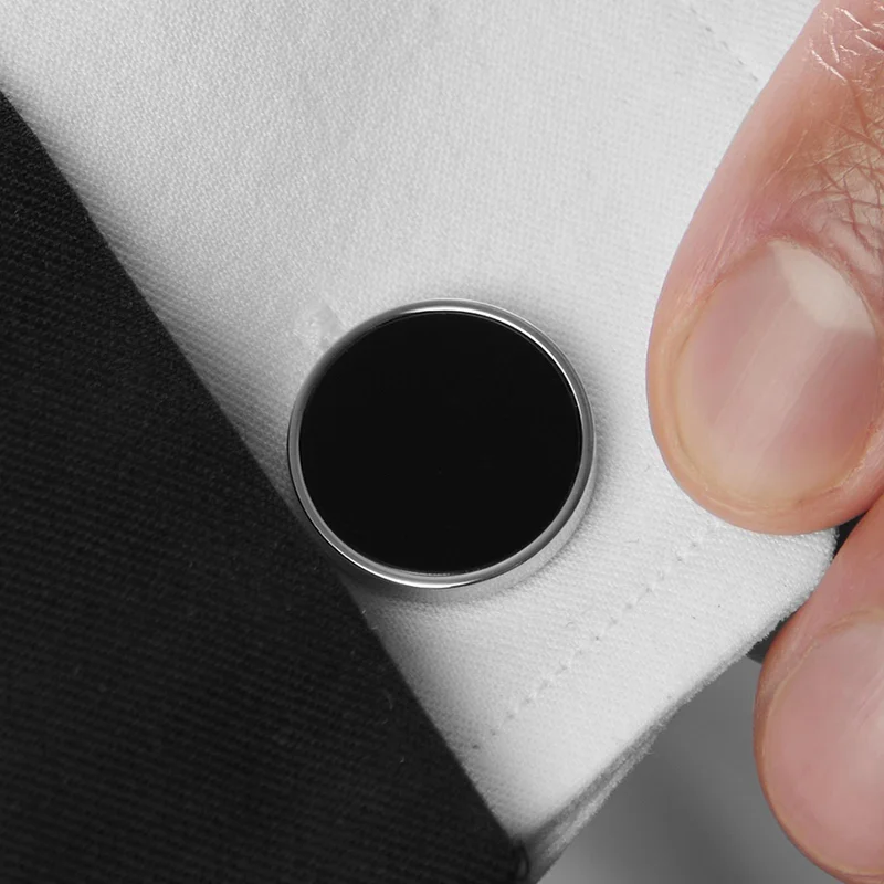 Round Silver-Tone Cufflinks with Onyx Inlay for Men