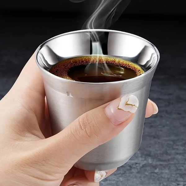Double Wall Stainless Steel Espresso Cups, Set of 2, 304 Steel, Insulated 86ml Coffee Cups for Home, Office, Travel, Silver