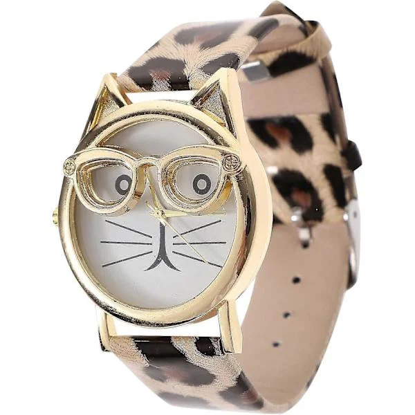 Cat Watch for Women - Cute Ladies Watches with Leopard Print PU Leather Strap and Quartz Movement
