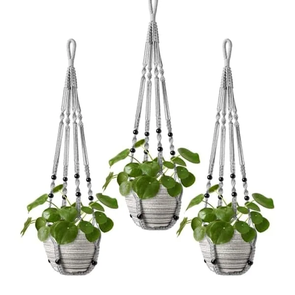 Bohemisk Makrame Växthängare - Flätad Korg med Pärlor och Spets, Hängande Blomkruka för Inomhusväxter, Dekorativ och 89 cm Lång grå-FS- grå 3ST