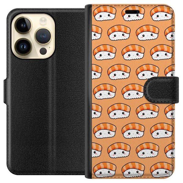 Kompatibelt Plånboksfodral till Apple iPhone 15 Pro Sött orange sushimönster med kawaii sushi och lekfull japansk matdesign för färgglada motiv
