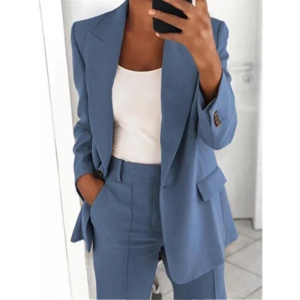 [RM] Women's 2-Piece Suit - Blazer Set Elegant Business Workwear Vintage Classic Solid Color Ruched Sleeve Open Front Suit Jacket and Straight Leg 