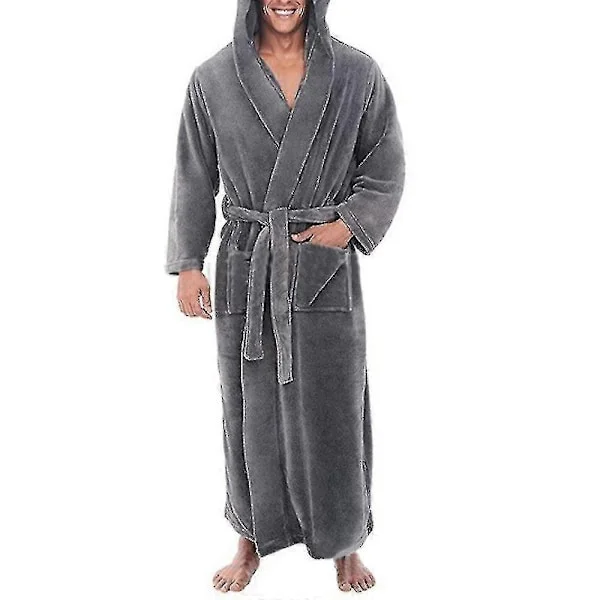 Varm fleece morgenkåbe med hætte til mænd, lang frotté badekåbe Grå Grå 3XL