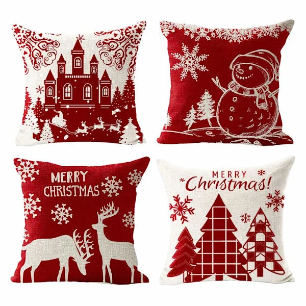 God Jul Kuddfodral Set med 4 Bomull Linne Örngott Vinter Jul Älg Slott Snögubbe Mönster Dekoration för Soffa Sovrum Hem 45x45 cm