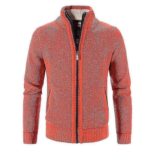 Men's Winter Warm Long Sleeve Solid Color Zipper Knitted Cardigan Casual Sweater Top Jackets Orange