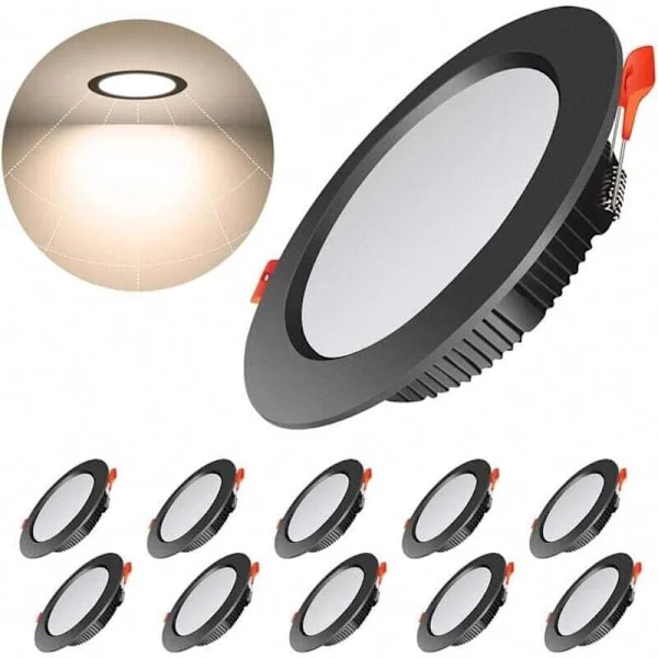 Pakke med 10 innfelte svarte ekstra flate LED-spotter 500LM 7W runde innfelte tak-LED-er Naturlig hvit 4000K AC 220-240V IP44 innendørs LED-spotter