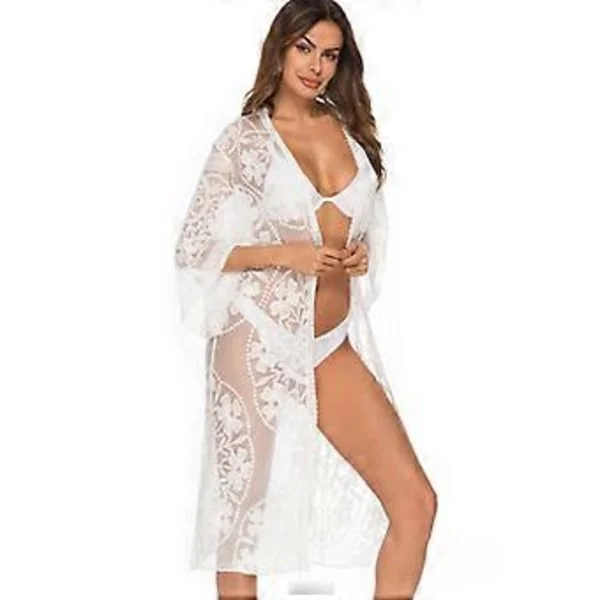 Bikini Cardigan för Dam Lång Strandöverdel Bikini Strand Cardigan Spets Vit Strandöverdel (flera valmöjligheter) (vit)