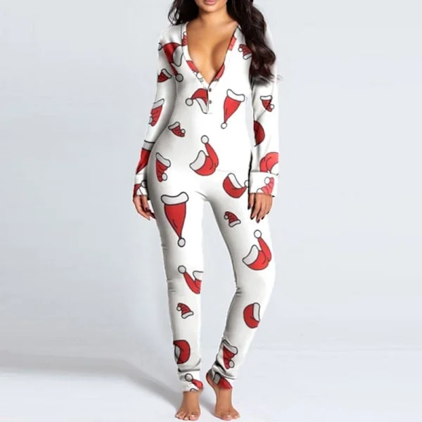 Dam Tryckt Jumpsuit för Sovplagg, Julpyjamas, Romper, Långärmad Nattkläder - Vit