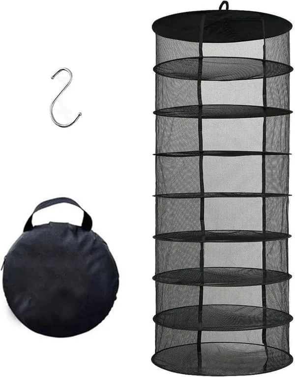 Hanging Drying Rack for Herbs, 60 cm 8-Layer Foldable Hydroponic Drying Net with Mesh, S-Hook and Storage Bag, Black (D61 cm x H155 cm)