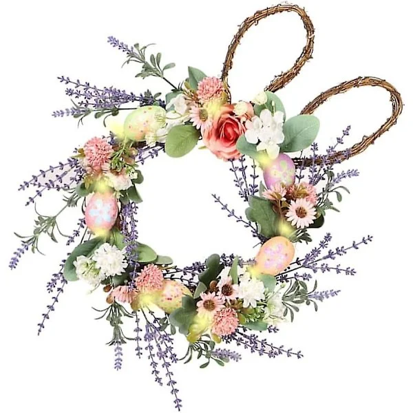 Krans Kunstig Kanin Æg Blomster Dørkrans med Lys Påske Kanin Krans Rattan Forår Dørkrans Vægdekoration til Vindue Væg Hjem Par