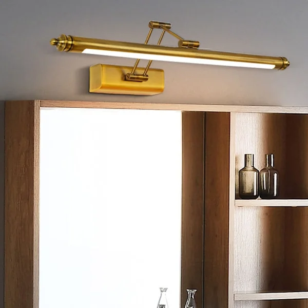 Vintage messing baderomsspeil lys, retro LED speil lys med justerbar arm og rustfritt stål base, 3000K IP44 vanntett baderomslys
