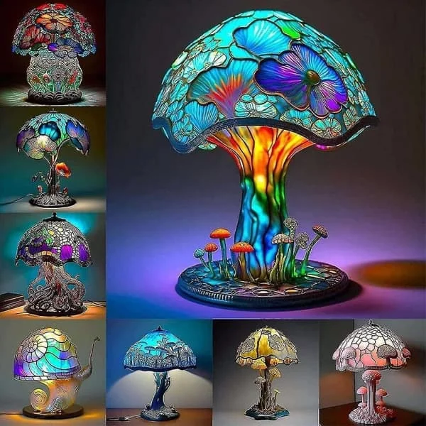 2023 Nytt bordlampe i farget glass i planteserien, vintage bordlampe, fargerik sopplampe, G-FX-