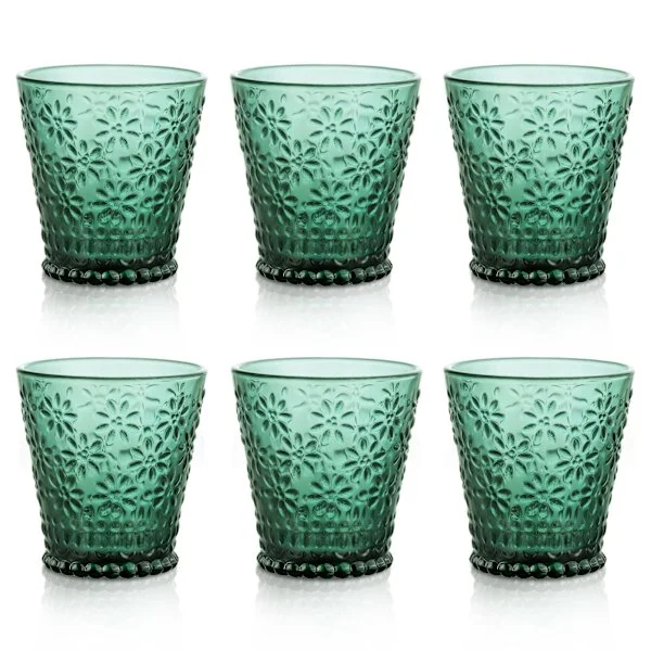 Miljøvennlig farget glasservise, sett med tidløse drikkeglass med retro tusenfrydtekstur, 250 ml/8,5 oz mørkegrønne kopper for allsidig bruk, perfekt 