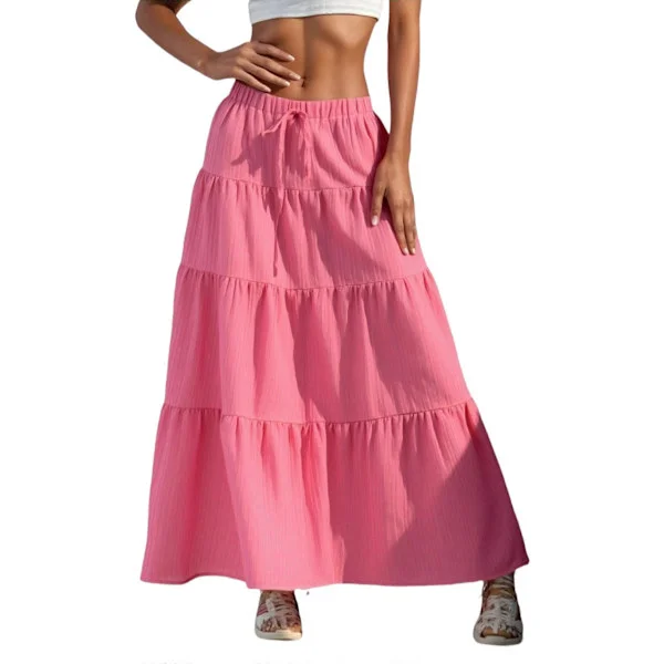 Naisten Boho Flowy Maxi-hame, levenevä röyhelö, joustava vyötärö, kesäinen A-linjainen pitkä hame, ruusunpunainen L