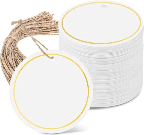 120 st vita presentetiketter, 2'' runda presentetiketter med snöre, märkning, hänglappar, skrivbara tomma etiketter för presenter, märkning, DIY-
