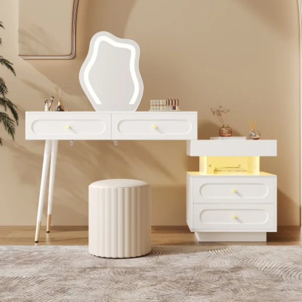 Sminkbord med LED-spegel och belysning, 140x40x130cm, med 4 lådor och förvaringsfack, professionellt sminkbord, vit