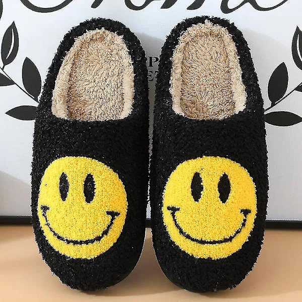 Retro Smile Face Myke Plysj Komfortable Varme Sklisikre Tøfler For Par Vinter Varme Innendørs Tilbehør - Perfekt Svart