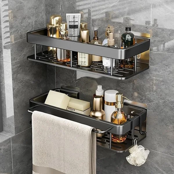 Drill-Free Shower Organizer - 2-Pack Black Adhesive Shelves with Towel Bar - Large Capacity Bathroom Shelf