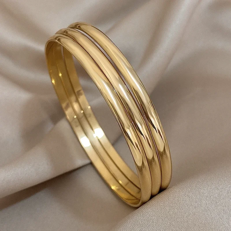 AliExpress - 3 Stück glänzender 18 Karat vergoldeter Edelstahl-Armreif für Damen, minimalistischer Basic-Armband-Armreif, wasserdichter Schmuck