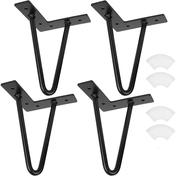 Set med 4 hårnålsformade soffbensben i industriell stil. 20 cm. Svart smidesjärn. För soffbord, lågt skåp eller TV-bänk.