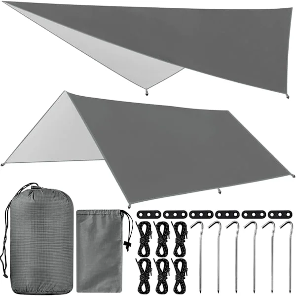 3x3M Camping Tarp, Anti UV Bivuak Tarp, Ripstop, Vanntett Tarp Kit med Maljer, 8 Aluminiumsplugger, 8 Tau, for Bivuak, Vandring, Trekking, Hengekøye