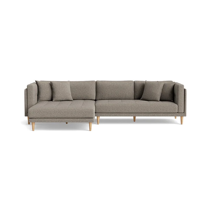 Cali Chaiselong Sofa, Venstrevendt, Hygge Grå/Beige, Dobbelt Chaiselong, 295x170x76cm - Sofa med 4 Pyntepuder & Bøgetræsben for Optimal Komfort