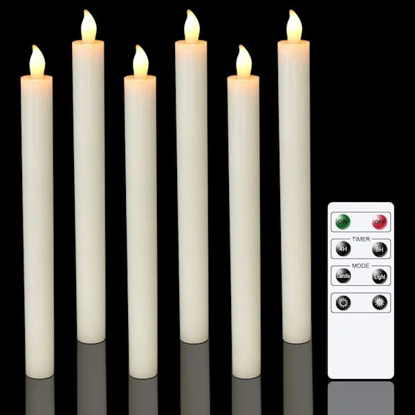 Flamlösa avsmalnande ljus med fjärrkontroll och timer, batteridrivna äkta vax 6-pack elfenbensfärgade LED-ljus för middag bröllop högtidsdekorationer