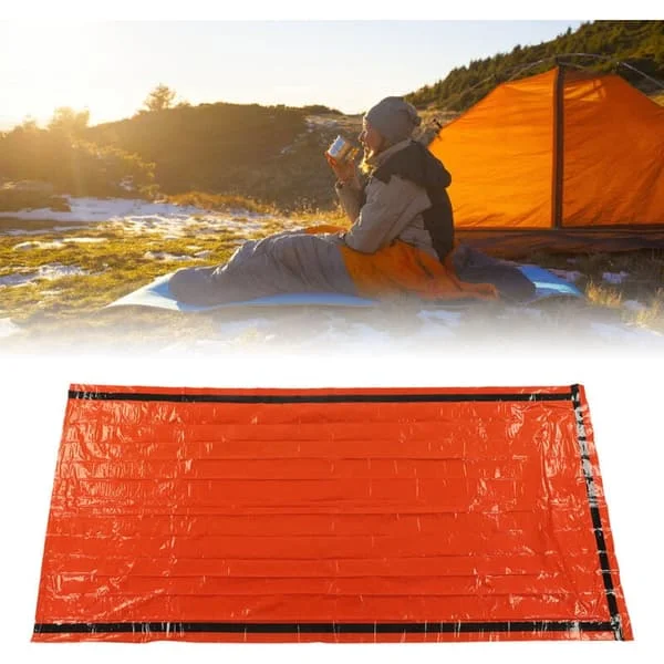 Nødoverlevelses sovepose med opbevaringspose - Termisk isolering, Aluminium PE, Orange, 210x100cm, til udendørs camping bivak