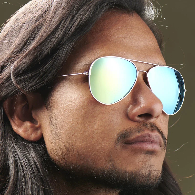 Lunettes Aviator argentées et bleues polarisées pour hommes - Lunettes de soleil type Aviator