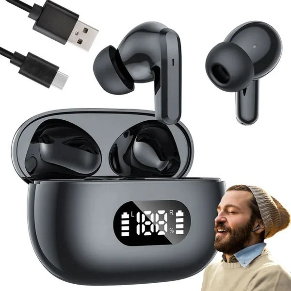 Trådløse Bluetooth In-Ear Ørepropper med LED-Ladeetui og Mikrofon Svart
