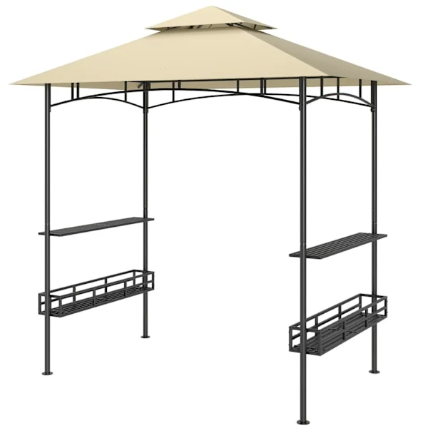 Grillpaviljong 240 x 150 x 257 cm vattentät flamskyddad trädgårdspaviljong med dubbeltak, sidohyllor, lusthus med UV-skydd, BBQ-paviljong av stål, gri